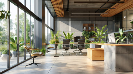 Interior of modern office with wooden walls, tiled floor, rows of computer tables with chairs and green plants. 3d renderingの素材
