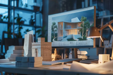 Architectural workplace with model of house on computer screen. Construction conceptの素材