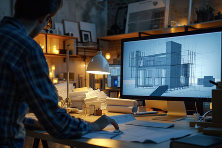 Architect working on blueprint in office at night. Construction concept.の素材