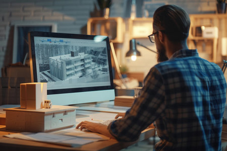 Architect working on drawing table in office. Architect workplace. Construction conceptの素材