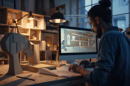 Architect working on drawing table in office. Architect using computer.の素材