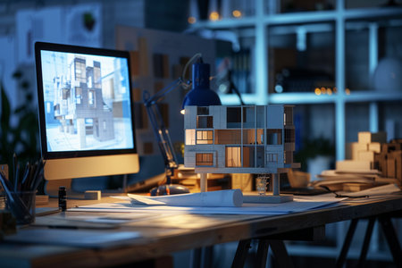 Architecture and construction concept. House model on desk in officeの素材