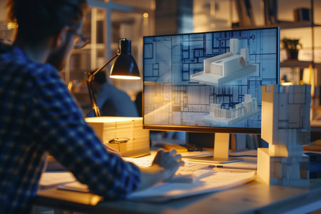 Architect working on blueprint at night in office. Construction concept.の素材
