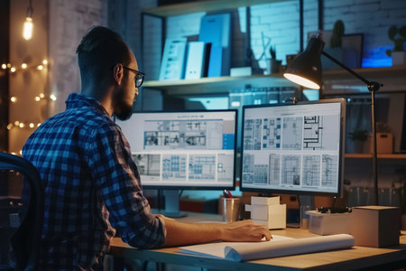 Architect working on drawing table in office at night. Man in checkered shirt and glasses sitting at desk and working with drawings.の素材