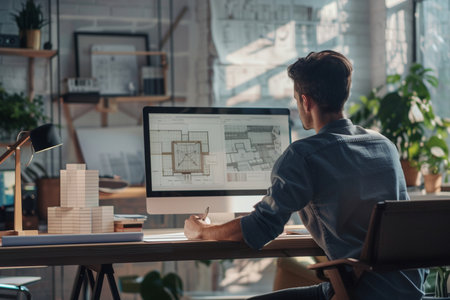 rear view of architect working on blueprint at workplace with computer in officeの素材