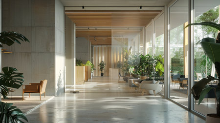 Interior of modern office with white walls, concrete floor, panoramic windows and green plants. 3d renderの素材
