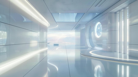 Futuristic corridor interior design with lights and reflections 3d renderingの素材