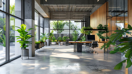 Interior of modern open space office with wooden walls, concrete floor, rows of computer tables and green plants. 3d renderingの素材