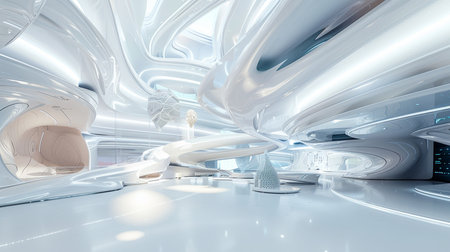 3D rendering. Futuristic interior of a futuristic building with white wallsの素材