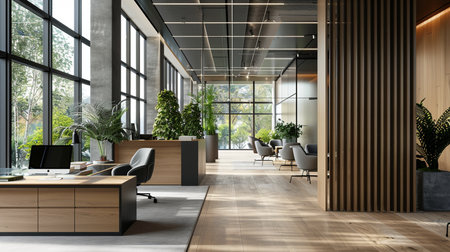 Interior of modern office with wooden walls, concrete floor, panoramic window with blurry cityscape and daylight. 3d renderingの素材