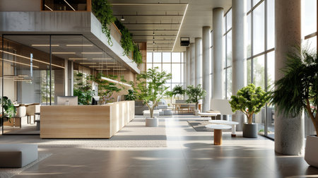 Interior of modern hotel lobby with reception desk, panoramic window view. 3D Renderingの素材