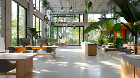 Interior of a modern office with wooden tables and chairs. 3d renderingの素材