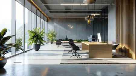 Contemporary office interior with city view and daylight. 3D Renderingの素材