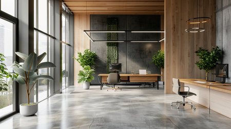 Interior of modern office with gray and wooden walls, concrete floor, panoramic window with cityscape and daylight. 3d renderingの素材