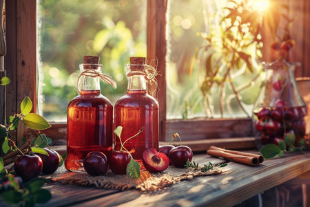 Homemade cherry vinegar in glass bottles with fresh cherries and cinnamon sticks on rustic wooden background.の素材