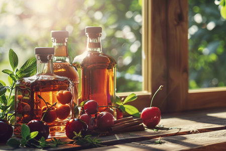Cherry juice and fresh cherries on a wooden table in sunlightの素材