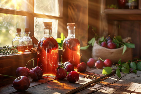 Homemade plum vinegar in a glass bottle on a wooden table.の素材