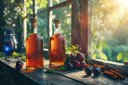 Cherry vinegar in glass bottles and fresh cherries on rustic wooden background.の素材