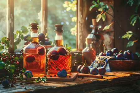 Homemade liqueur in a bottle with berries on a wooden tableの素材