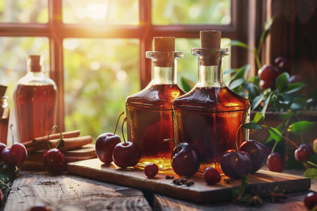 Cherry oil in bottles and fresh cherries on a wooden table.の素材