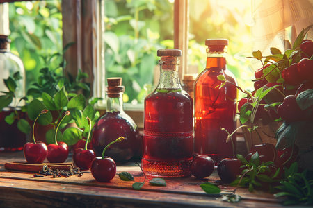 Cherry syrup in glass bottles and fresh cherries on wooden table.の素材