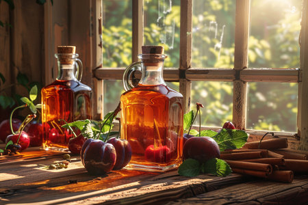 Cherry vinegar in glass bottles and ripe cherries on wooden table near windowの素材