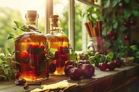 Homemade cherry vinegar in glass bottles with fresh cherries on windowsillの素材