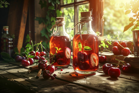 Homemade cherry compote in a glass bottle and fresh cherries on a wooden tableの素材