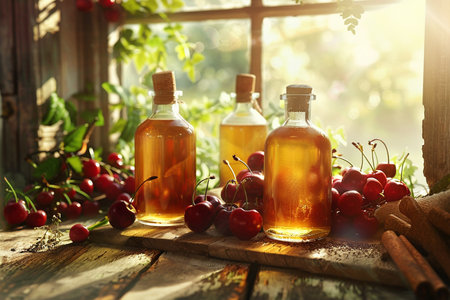 Cherry vinegar in glass bottles and fresh berries on wooden table in gardenの素材