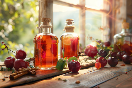 Cherry syrup in glass bottles and fresh cherries on wooden tableの素材