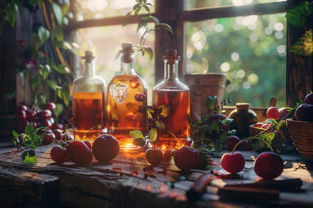still life with cherry juice and fresh berries on a wooden table in the gardenの素材