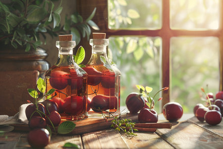 Cherry vinegar in glass bottles with fresh ripe cherries on wooden table.の素材