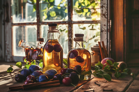 Plum cider vinegar in glass bottles with fresh plums and cinnamon sticks on wooden table near windowの素材
