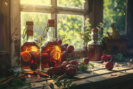 Cherry syrup in glass bottles and fresh fruits on the windowsillの素材