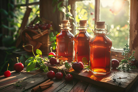 Cherry vinegar in glass bottles and fresh cherries on wooden tableの素材