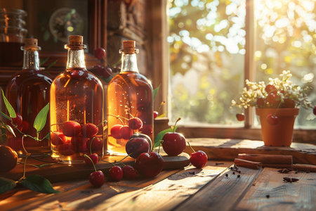 Cherry vinegar in glass bottles with fresh cherries on wooden table near windowの素材