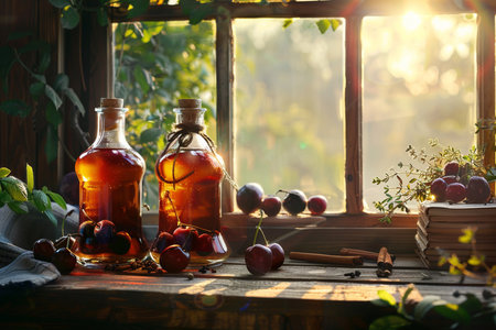 Homemade plum compote in a glass bottle on a wooden windowsillの素材