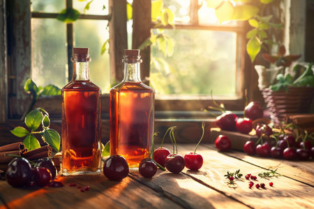 Cherry syrup in glass bottle with fresh cherries on wooden tableの素材