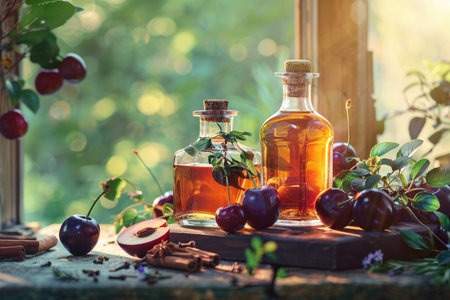 Homemade plum compote in glass bottles and fresh ripe fruits on wooden table in gardenの素材
