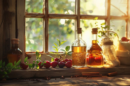 Cranberry oil in glass bottles on rustic wooden windowsillの素材