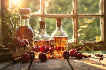 Cherry vinegar in glass bottles and fresh cherries on wooden table in front of windowの素材