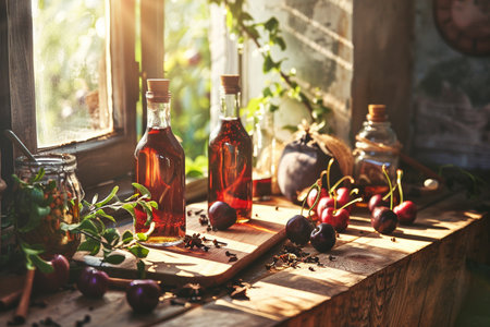 Bottle of rose wine and ingredients on rustic wooden table.の素材