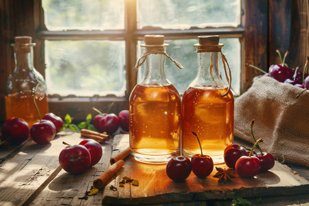 Cherry vinegar in glass bottles and fresh ripe cherries on rustic wooden table near windowの素材