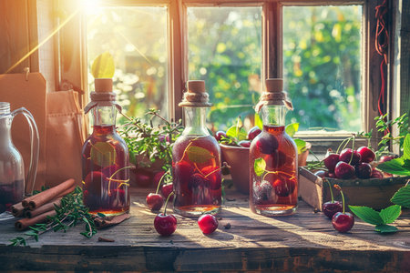 Cherry compote in glass bottles and fresh cherries on the windowsillの素材
