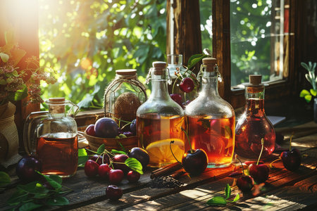 Cherry vinegar in glass bottles with fresh cherries and lemon on rustic wooden table.の素材