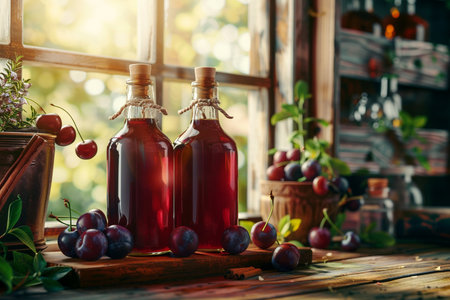 Homemade plum vinegar in glass bottles and fresh ripe berries on wooden table.の素材