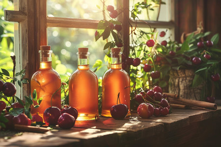 Cherry vinegar in glass bottles and fresh ripe cherries on rustic wooden table in gardenの素材
