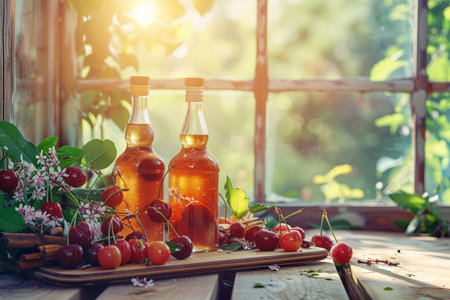 Cherry juice in glass bottles on a wooden table near the windowの素材
