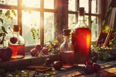 Still life with red cherry syrup in glass bottles and fresh cherries on wooden windowsillの素材