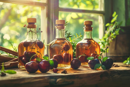 Olive oil in glass bottles with fresh ripe cherries and cinnamon sticks on rustic wooden tableの素材